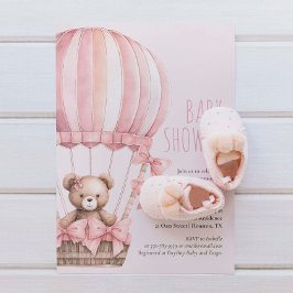 Rosa Bear in Balloon Baby Shower Girl Investigatio Inbjudningar