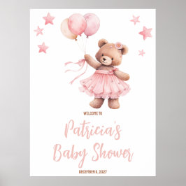 Rosa Bear in Luftballong Baby Shower Välkommen Poster