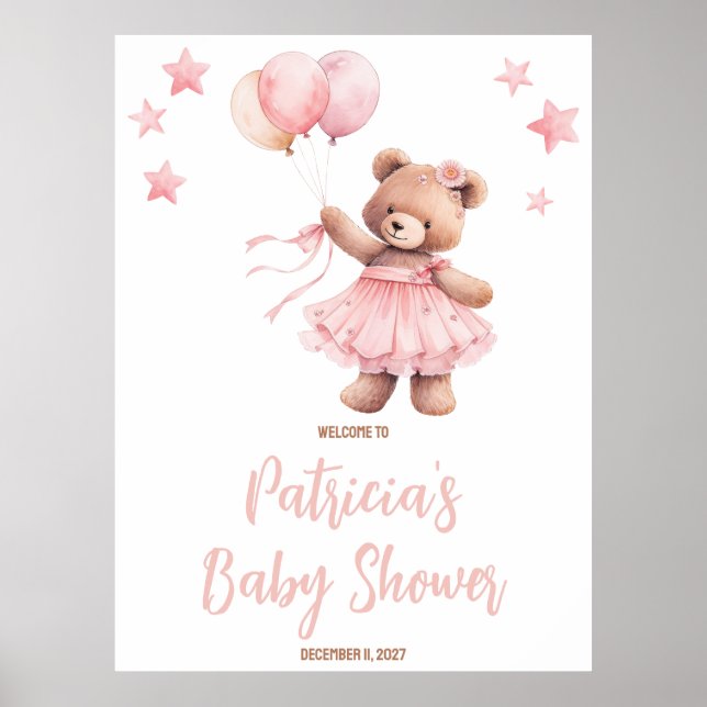 Rosa Bear in Luftballong Baby Shower Välkommen Poster (Framsidan)