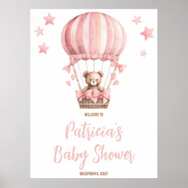 Rosa Bear in Luftballong Baby Shower Välkommen Poster