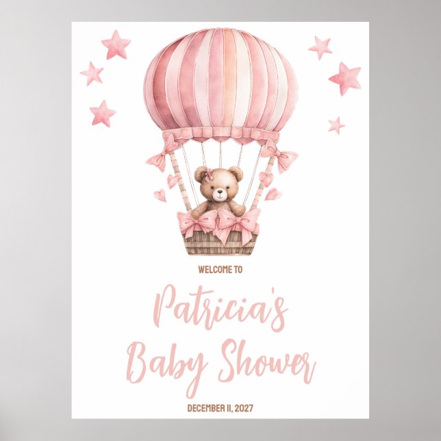 Rosa Bear in Luftballong Baby Shower Välkommen Poster (Framsidan)
