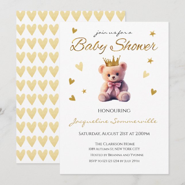Rosa Bear Krona Guld Krona Baby Shower Det är en f Inbjudningar (Fram/baksida)