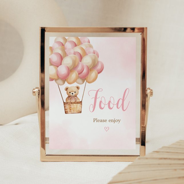 Rosa Bear Luftballong Baby Shower Food Poster (Girl Bear Boho Baby Shower Food Sign)