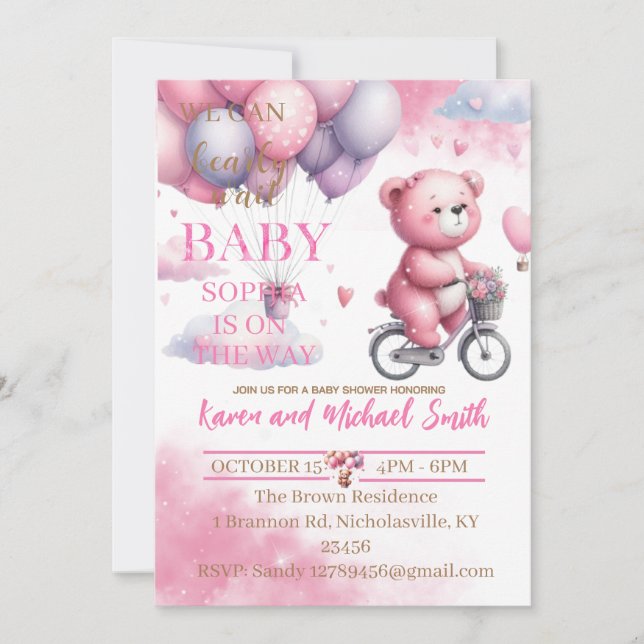 Rosa Bear Luftballong Baby Shower set inbjudati Inbjudningar (Framsida)