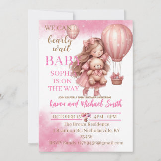 Rosa Bear Luftballong Baby Shower set inbjudati Inbjudningar