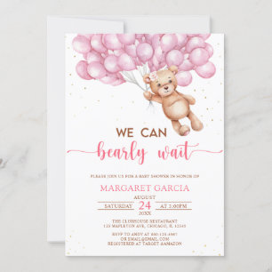 Rosa Bear med Nallen Balloons Baby Shower Inbjudningar