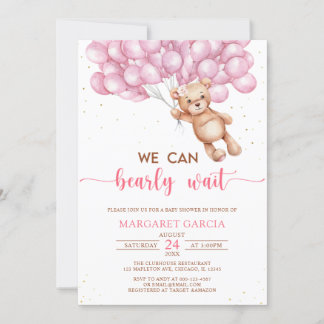 Rosa Bear med Nallen Balloons Baby Shower Inbjudningar