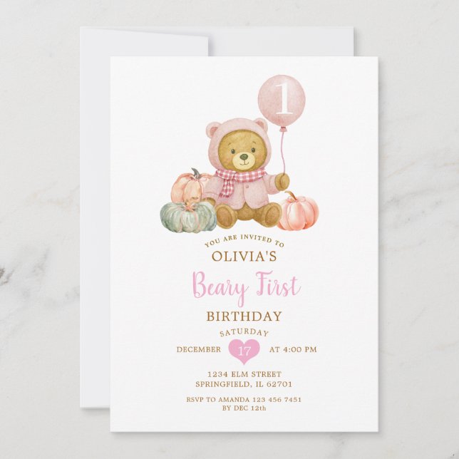 Rosa Bear Pumpkin Fall Beary First Birthday Inbjudningar (Framsida)