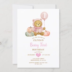 Rosa Bear Pumpkin Fall Beary First Birthday Inbjudningar