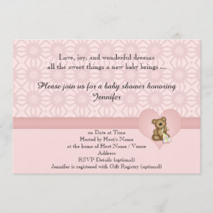 Rosa Bear Retro Flowers Baby Shower-inbjudan Inbjudningar