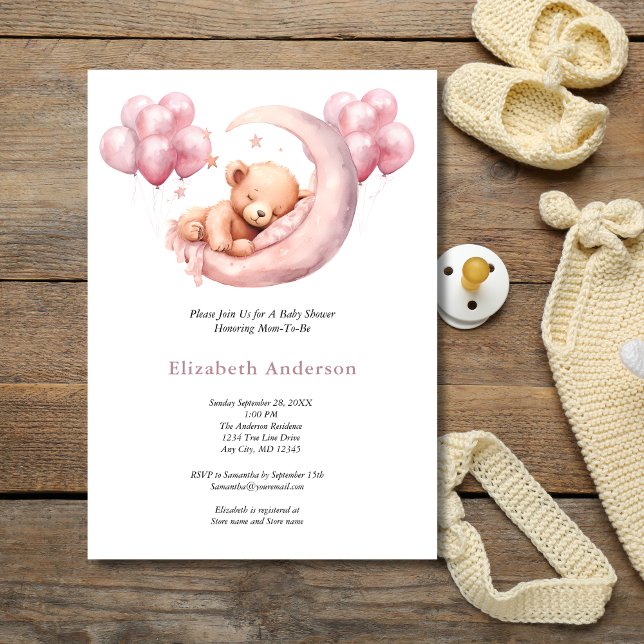 Rosa Bear Sleeping in Måne Balloons Baby Shower Inbjudningar (Pink Baby Bear Sleeping in Moon Baby Shower for Girl Invitation)