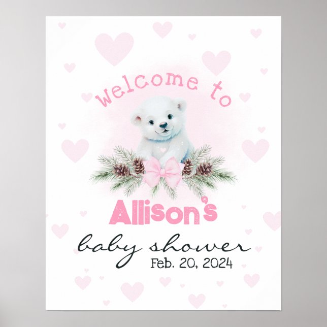 Rosa Bear Unge Cute Baby Shower Välkomstskylt Poster (Framsidan)