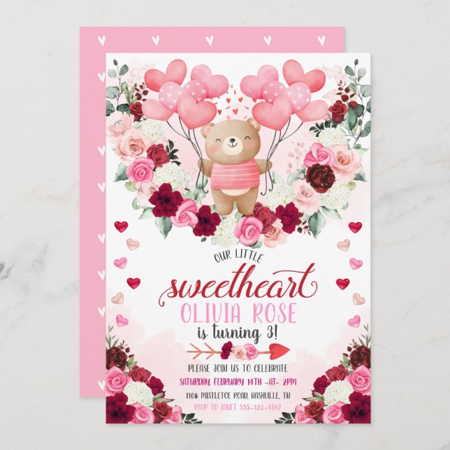 Rosa Bear Valentines födelsedag Inbjudningar (Fram/baksida)