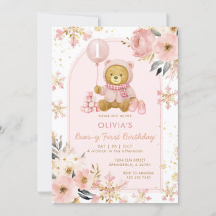 Rosa Bear Winter Snowflake Beary Första födelsedag Inbjudningar