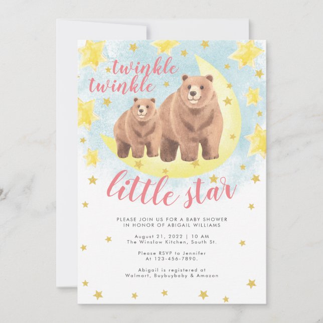 Rosa Bears Guld Twinkle Little Star Baby Shower Inbjudningar (Framsida)