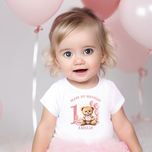 Rosa Beary 1:a födelsedagskalan Girl Baby T-shirt (Pink Beary 1st Birthday Girl Baby T-shirt)