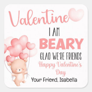 Rosa Beary Glad Vi är Friends Valentindagen Fyrkantigt Klistermärke