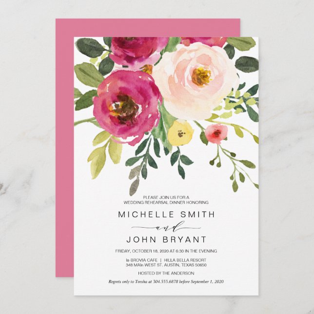  Rosa Beauty Blommigt, Bröllop repetitionsmiddag Inbjudningar (Fram/baksida)