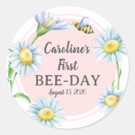 Rosa Bee-Day Födelsedagsdekaler med Tusenskönor Runt Klistermärke