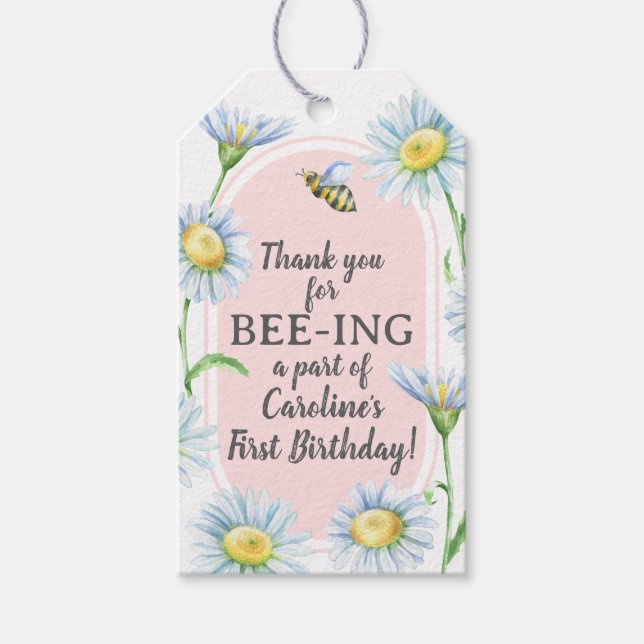 Rosa Bee-Day Födelsedagspresentkort med Tusensköno Presentetikett (Framsidan)