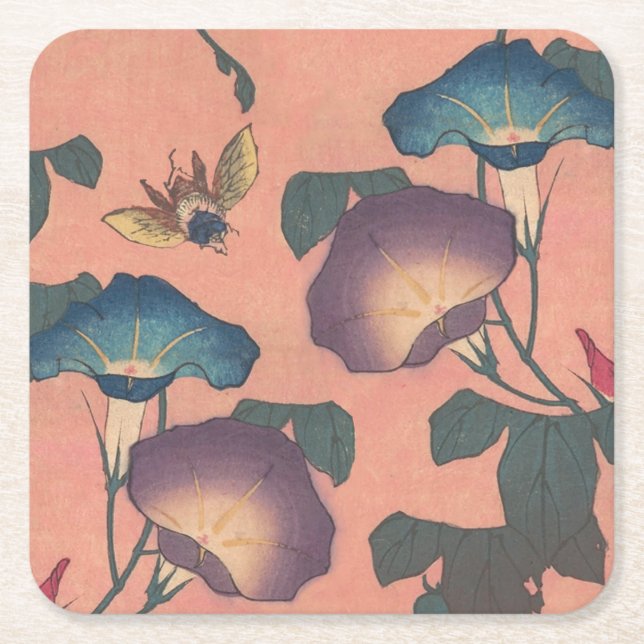 Rosa Bee Flower Classic Hokusai Art Underlägg Papper Kvadrat (Framsidan)