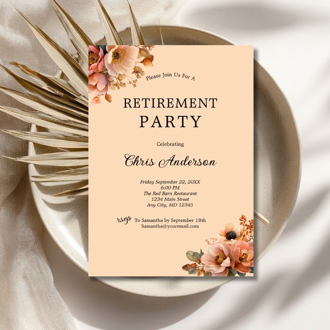Rosa Beige Festlig Blommig Elegant Modern Pension Inbjudningar (Pink Peach Watercolor Florals Retirement Party invitation for her. Digital download or printed)