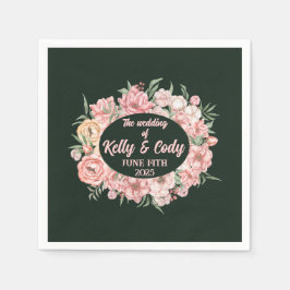 Rosa Beige Flower Oval on Grönt Bröllop Cocktail Pappersservett