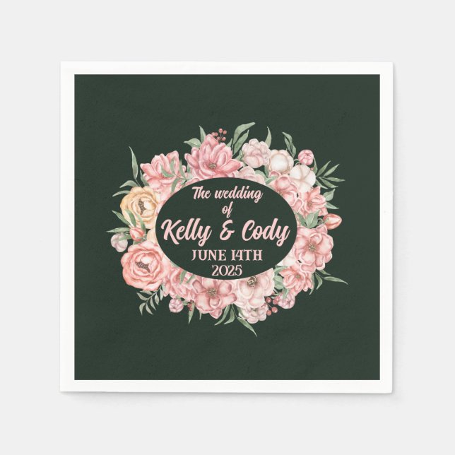 Rosa Beige Flower Oval on Grönt Bröllop Cocktail Pappersservett (Framsidan)