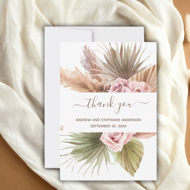 Rosa Beige Grönt Blommigt Botanical Boho Bröllop Tack Kort (Pink beige and green boho floral botanical wedding thank you card)
