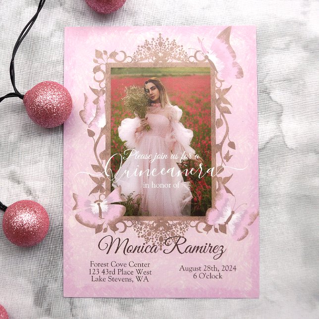 Rosa, Beige Vintage Butterfly Quinceanera Inbjudan (fancy light pink quinceanera pink and brown butterfly mis quince anos birthday invitations)