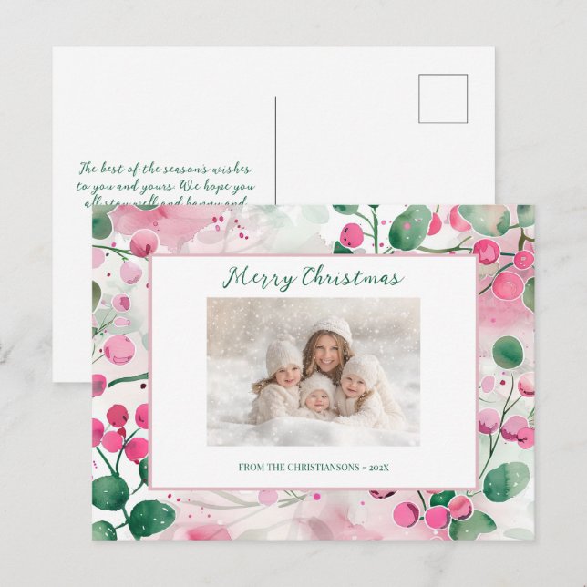 Rosa Berries Blommigt Fotojulkort Helg Vykort (Fram/baksida)