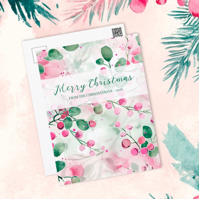 Rosa Berries Elegant Blommigt jul jul Helg Vykort (Pink Berries Elegant Floral Christmas Postcard)