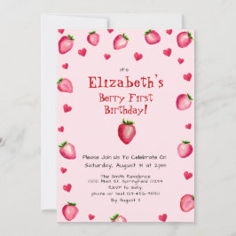 Rosa Berry First Birthday Strawberry Anpassningsba Inbjudningar