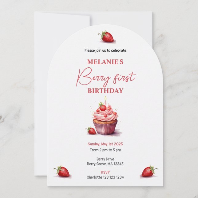 Rosa Berry First Birthday Watercolor Anpassningsba Inbjudningar (Framsida)