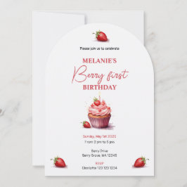 Rosa Berry First Birthday Watercolor Cuppie Inbjudningar