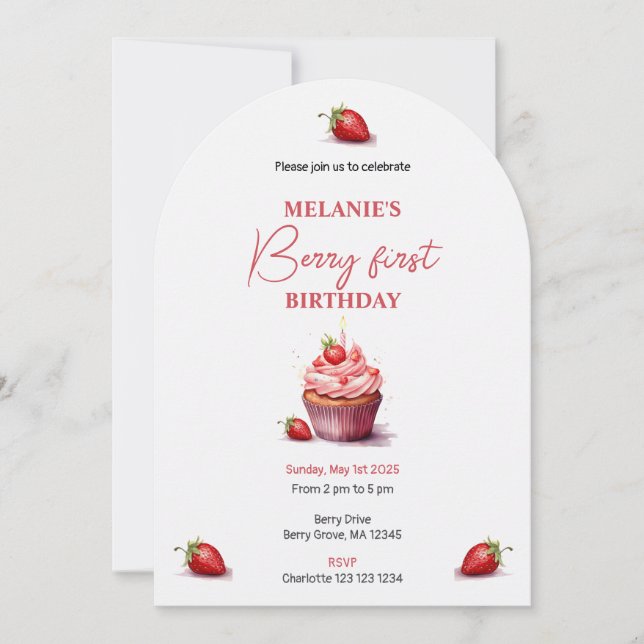 Rosa Berry First Birthday Watercolor Cuppie Inbjudningar (Framsida)