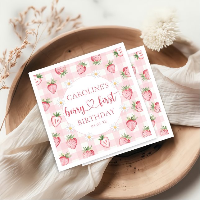 Rosa Berry First Strawberry Birthday Napkins Pappersservett (Skapare uppladdad)