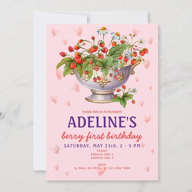 Rosa Berry First Vild Strawberry Girl 1st Birthday Inbjudningar (Framsida)
