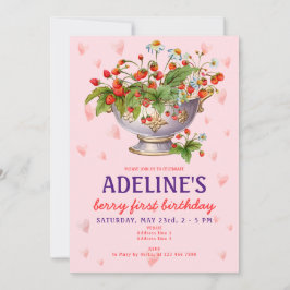 Rosa Berry First Vild Strawberry Girl 1st Birthday Inbjudningar