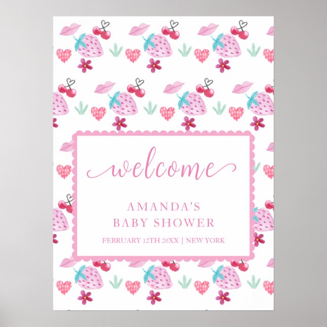 Rosa Berry Sweet Baby Shower Välkommen Poster (Framsidan)