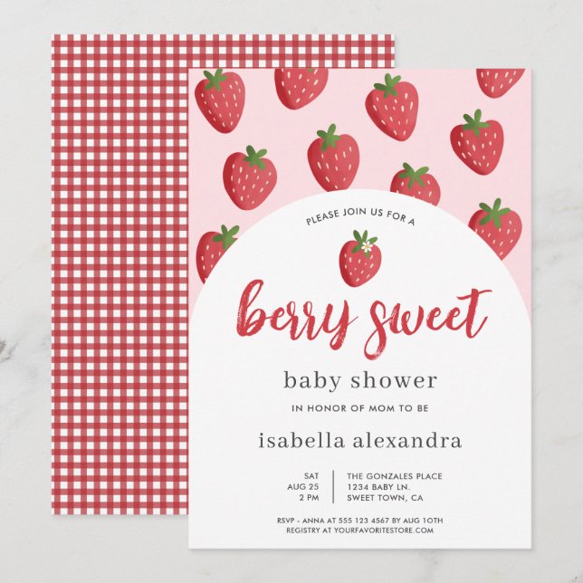Rosa Berry Sweet Strawberry Baby Shower Inbjudningar (Fram/baksida)
