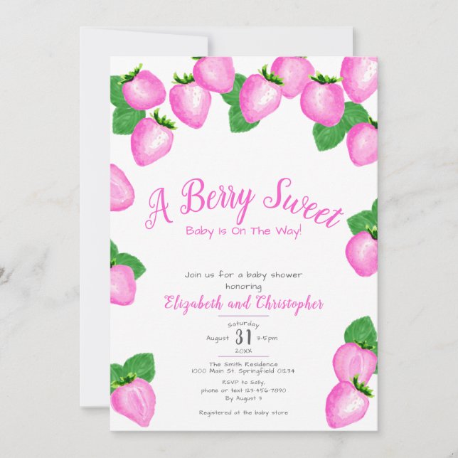 Rosa Berry Sweet Strawberry Girl Baby Shower Inbjudningar (Framsida)