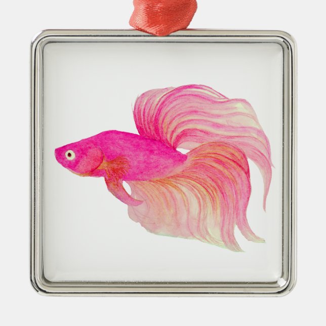Rosa Betta Fish Watercolor Julgransprydnad Metall (Framsidan)