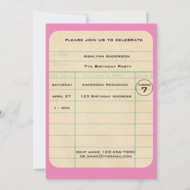 Rosa Bibliotek Card födelsedag Inbjudningar (Framsida)