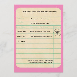 Rosa Bibliotek Card födelsedag Inbjudningar