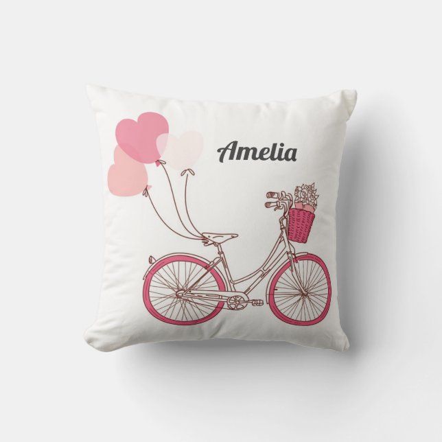 Rosa Bicycle and Heart Balloations Personlig Kudde (Framsida)