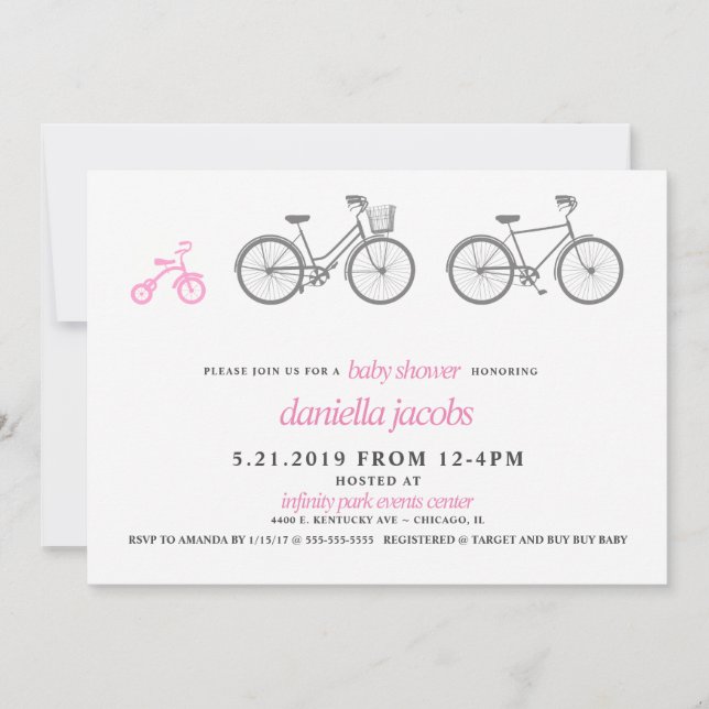 Rosa Bicycle Baby Shower Inbjudningar (Framsida)