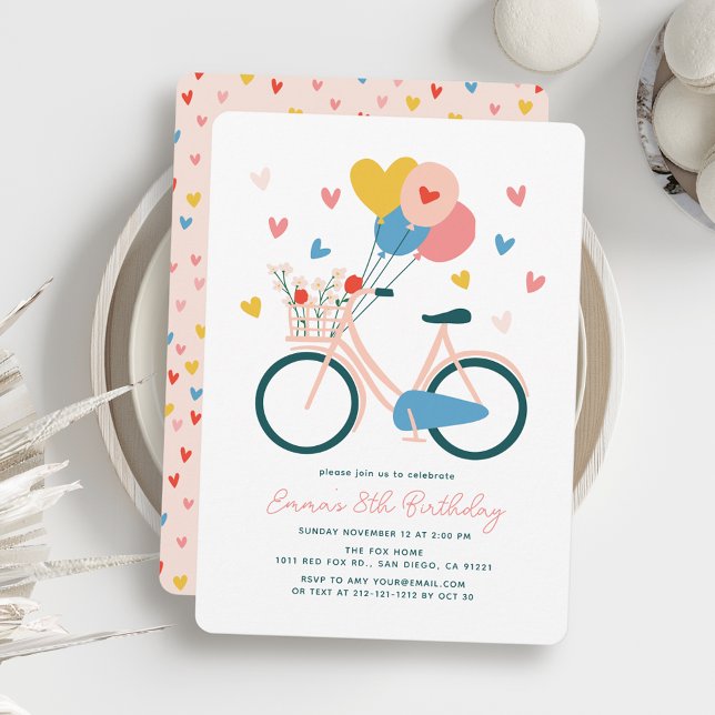 Rosa Bicycle Balloons & Hearts Girl Birthday Inbjudningar (Skapare uppladdad)