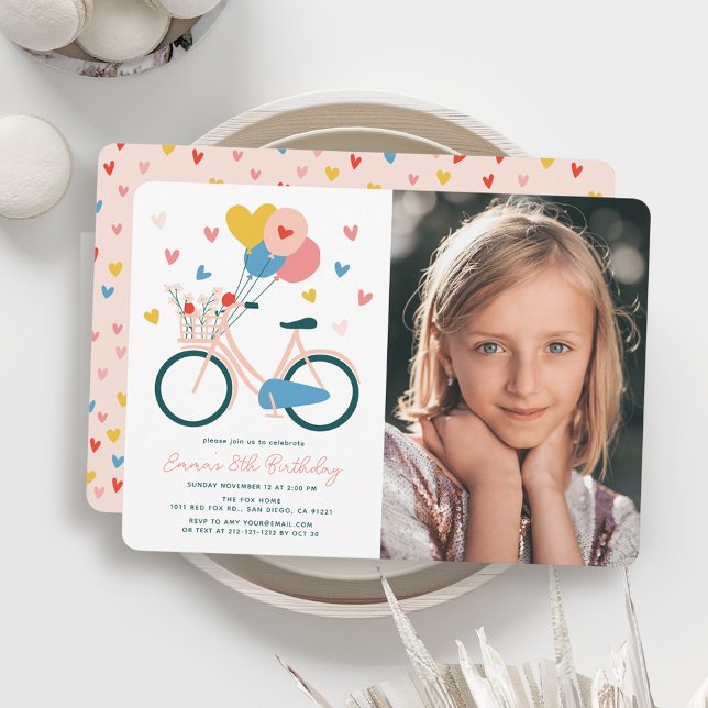 Rosa Bicycle Balloons & Hearts Girl Birthday Photo Inbjudningar (Skapare uppladdad)