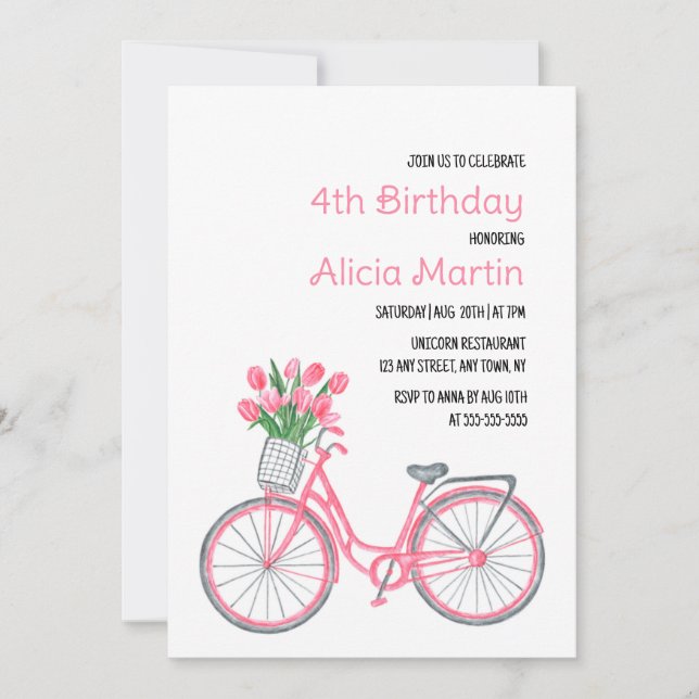 Rosa Bicycle Basket Tulip blommar i alla åldrar Inbjudningar (Framsida)